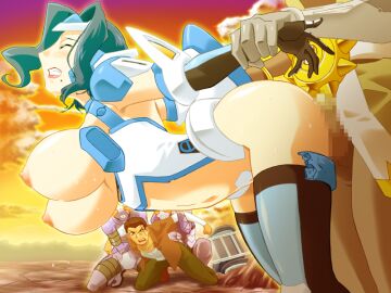 4boys arm_held_back armor bent_over blue_hair blush bouncing_breasts breasts censored clenched_teeth closed_eyes cloud doggy_style elbow_gloves female game_cg gan-chan_(artist) gloves hanging_breasts hishidou_aiko hitozuma_sentai_aisaiger holding_another's_wrist huge_breasts large_breasts lipstick magical_girl makeup male mole mole_under_mouth mosaic_censoring multiple_boys multiple_males navel netorare nipples non-web_source official_art outdoors penis pussy saiger_iris sex sex_from_behind short_hair sky solo_focus straight sunset sweat teeth thighhighs vaginal_penetration variant_set