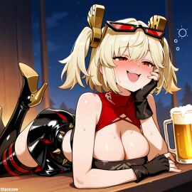 (titancore) ai_generated beer big_breasts biker_clothes biker_girl blonde_hair burnice_white curvy_figure cute_girl drunk_bubble drunk_female female girl hair_ornament night red_eyes revealing_clothes sunglasses sweatdrop teasing_viewer twintails video_game_character zenless_zone_zero