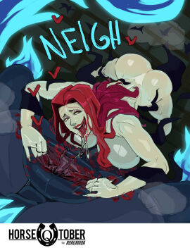 1girls 2d beast_rimming capcom devil_may_cry devil_may_cry_(series) devil_may_cry_3 female horse lipstick lipstick_mark nevan pale_skin puffy_anus red_eyes red_hair rimming ruru-raida tagme zoophilia