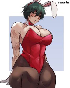 1girls big_breasts black_hair blush bowtie breasts bunny_ears bunnysuit clenched_teeth dark_green_hair female female_only foonie_xd glasses green-haired_female green_hair jujutsu_kaisen large_breasts looking_at_viewer open_clothes playboy_bunny scars scars_all_over short_hair solo solo_female solo_focus thick_thighs thighs very_short_hair wide_hips zenin_maki