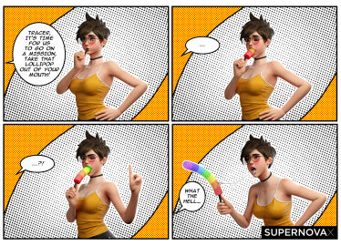 3d 3d_(artwork) big_breasts blush breasts brown_hair choker comic deepthroat dialogue dildo dildo_lollipop english english_text eyeglasses female humor lollipop lollipop_dildo meme overwatch overwatch_2 saliva saliva_trail short short_hair supernovax text tongue topwear tracer