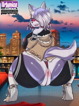 1girls 2d 2d_(artwork) anthro ass background background_sky big_ass big_butt breasts city city_background cityscape clothed clothed_female clothing demon ear_piercing ear_ring earring exposed_ass exposed_pussy female fur furry furry_breasts furry_ears furry_female furry_tail hellhound helluva_boss jacket jacket_off_shoulders jacket_open jacket_partially_removed loona_(helluva_boss) pierced_ears piercing piercings pussy red_sclera sea seductive seductive_look seductive_mouth shoes shoes_on socks topwear urbanica white_hair wolf wolf_ears wolf_girl wolf_humanoid wolf_tail