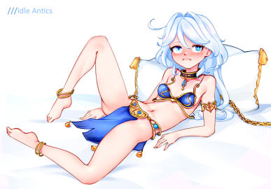 captivity captured collar female female_only furina_(genshin_impact) genshin_impact hostage idle_antics leash leash_and_collar leash_pull leashed_collar lying metal_collar revealing_clothes sad skimpy_clothes slave slave_bikini slave_collar slave_girl slave_leia_(cosplay) slave_outfit