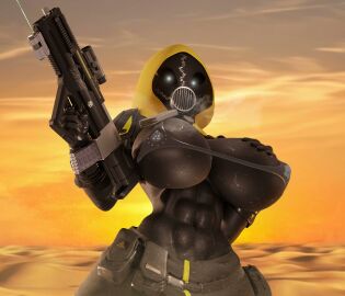 1girls 2020s 2024 2d 2d_(artwork) 3d 3d_(artwork) 5_fingers abs areola areolae female female_focus female_only gas_mask gloves gun helldiver_(helldivers) helldivers helldivers_2 hi_res highres hips kein_wal looking_at_viewer mask masked masked_female meh-chan_(lamoz571) midriff navel nipple_bulge solo solo_female solo_focus steam sweat sweating sweaty toned toned_stomach wide_hips