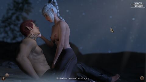 1boy 1girls 3d 3d_render baldur's_gate baldur's_gate_3 beach braided_hair breasts caption elf_female female female_on_top green_eyes looking_at_partner male night outdoors pointy_ears scar shadowheart small_breasts topless video_games white_hair whyte_knight