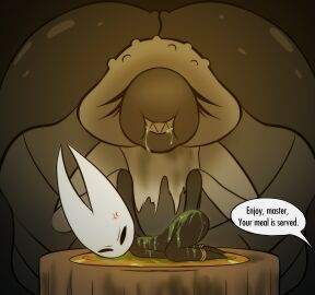 absurd_res angry anthro arthropod ass ass_up bib bound cooking_with_furs cross-popping_vein dialogue duo e254e eating failure female grotesque helpless hi_res hollow_knight_(franchise) horn hornet_(hollow_knight) imminent_death imminent_vore male morbid morbidly_obese nude obese overweight plate ryona sauce smile team_cherry wince