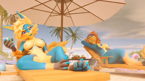 3d_(artwork) 4_fingers absurd_res antennae_(anatomy) anthro areola arthropod ass beach belly beverage big_breasts big_butt blender_(artwork) blender_cycles blue_areola blue_claws blue_lips blue_nipples blue_pawpads blue_vulva breasts chair claws closed_eyes cloud cloudy_sky container cup cyan_mouth detailed_background digital_media_(artwork) ear_piercing excited eyelashes eyeliner female fingers fluffy fur furniture genitals glowing glowing_eyes gradient_hair grey_body grey_fur group hair hi_res hybrid inflatable insects lepidopteran lips long_hair looking_at_viewer lounge_chair lying makeup mane markings moth multicolored_body nipples nissiko novabeast nude nude_female on_back open_mouth palm_tree pawpads paws piercing pink_nipples pink_vulva plant presenting sand sati_tsukishiro scales shaded ship sitting sky smile soft_shading sun sunny tail thick_thighs tongue tormiline tormiline_(novabeast) tormiline_(wickerbeast) tray tree tribal tribal_markings trio umbrella vehicle vrchat vulva water watercraft whiskers white_body wickerbeast widescreen yellow_eyes