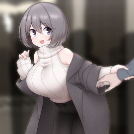 1boy 1girls big_breasts blue_eyes breasts coat female grey_hair hi_res highres holding_hands large_breasts light-skinned_female light-skinned_male light_skin male open_mouth pants public ribbed_sweater short_hair sweater unadare