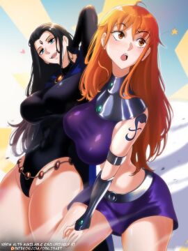 2girls arm_tattoo bare_legs bare_shoulders bare_thighs big_breasts black-haired_female black_hair blue_eyes blue_tattoo blush breasts clothed clothing color cosplay crossover crossover_cosplay dc dc_comics female female_focus female_only hi_res huge_breasts large_breasts leotard light-skinned_female light_skin long_hair multiple_females multiple_girls nami_(one_piece) nico_robin one_piece opalisart open_mouth orange-haired_female orange_eyes orange_hair post-timeskip raven_(cosplay) red_head shounen_jump starfire_(cosplay) tattoo teen_titans thick_thighs