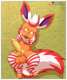 absurd_res bell bell_collar big_tail blush candy clothing cloudeon collar covering covering_self dessert eeveelution embarrassed feral flareon fluffy food fur generation_1_pokemon genitals hi_res huge_filesize knot legwear lying male nintendo on_back orange_body orange_fur penis pepper_flareon peppermint_(candy) pokemon pokemon_(species) shy solo stockings tail throbbing throbbing_penis yellow_eyes