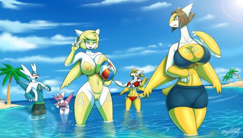 1boy 2024 4_claws 4girls 5_fingers alvita_(latiar) anthro areola artist_name avia_(zwoolashthar) ball_(object) beach beach_ball belly big_breasts bikini blonde_hair blue_body blue_legs blue_wings blush blush_lines breasts brick_wall brown_hair bulge calanthe_(dullyarts) chest_markings claws clothed clothing cloud day digital_media_(artwork) dot_pupils english_text eyebrows eyelashes female finger_claws fingers flustered fur generation_3_pokemon genitals gesture glistening green_eyes green_pupils group hair hand_gesture hi_res inflatable lar_(latiar) latiar latias latios leaning leaning_forward leg_markings legendary_pokemon light light_beam looking_at_another looking_up male markings nintendo nipples nude nyx_(icecoldsolixis) one_eye_closed open_mouth outside palm_tree partially_submerged plant pokemon pokemon_(species) pokemorph pupils pussy red_clothing red_wings reflection sand scenery sea shiny_latias shiny_pokemon sky standing sunbeam sunlight swimming_trunks swimwear tail text thick_thighs thigh_markings tongue tongue_out tree two-piece_swimsuit v_sign wall_(structure) water water_reflection white_arms white_body white_breasts white_fur white_neck white_pupils white_sclera wide_hips wings yellow_areola yellow_belly yellow_body yellow_breasts yellow_eyes yellow_legs yellow_nipples yellow_tail yellow_wings
