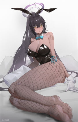 1girls big_breasts black_hair blank_background blue_archive bowtie breasts bunny_ears bunnysuit chilakkk cleavage dark-skinned_female dark_skin feet female fishnets gloves karin_(blue_archive) karin_(bunny)_(blue_archive) leotard sitting solo tattoo thick_thighs thighs yellow_eyes