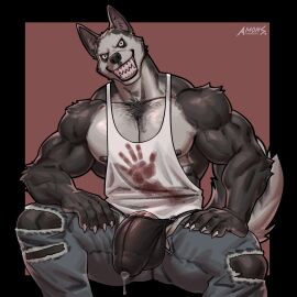 abs amon-sydonai anthro balls balls_under_clothes bara biceps big_bulge big_penis bulge bulge_through_clothing canid canine canis claws clothing creepypasta domestic_dog erection_under_clothes fur furry huge_bulge humanoid_genitalia humanoid_penis male male_nipples male_only mammal muscular muscular_anthro muscular_male nipples pecs penis penis_outline penis_under_clothes precum precum_drip precum_through_underwear smile.dog solo underwear werecanid werecanine wolf yaoi