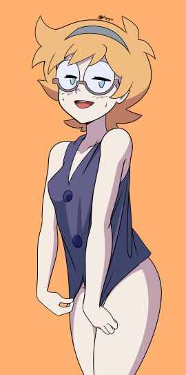 1girls blonde_hair blue_eyes bottomless female female_only glasses highres little_witch_academia lotte_jansson mergeritter short_hair solo studio_trigger