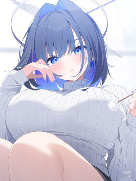 1girls alternate_costume artist_name big_breasts blue_eyes blue_hair blue_nail_polish blurry blurry_background blush blush_lines blushing_at_viewer breasts cotton_swab deyui eyebrows_visible_through_hair fanbox_logo female hair_intakes halo highres holding holding_cotton_swab holding_mimikaki hololive hololive_english hololive_english_-council- hololive_english_-promise- huge_breasts large_breasts light-skinned_female light_skin long_sleeves looking_at_viewer mechanical_halo mimikaki nail_polish open_mouth ouro_kronii patreon_logo ribbons short_hair solo sweat turtleneck turtleneck_sweater virtual_youtuber white_sweater