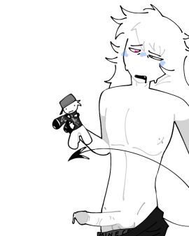blue_blush cum_drip cum_in_plushie demon_tail drooling fangs gay_male heart-shaped_pupils long_hair male no_shirt open_mouth own_character piercing pleasured_male plushie_penetrated roblox robloxian tired_eyes white_hair white_skin
