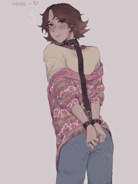 back_view clothed clothes_on confused cute daisuke_(mouthwashing) embarrassed embarrassment femboy looking_back male mouthwashing no_jimmy noemii piercing rings tagme thirst_trap tied_up trap video_game_character video_games