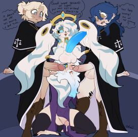 absurd_res angel anthro astallar_morningbright astra_lupus balls beard black_clothing black_robe blonde_hair blue_background blue_eyes blue_hair blue_penis bodily_fluids boots cherubim clothing cum dialogue dress facial_hair flat_colors footwear genital_fluids genitals gold_accessories group hair head_wings hi_res human humanoid legwear long_ears long_nails magic_user magician male male/male mammal orphan penis priests primate purple_clothing purple_dress religion robe shoes simple_background sinfrou size_difference slight_blush small_dom_big_sub spiral spiral_eyes star_eyes stockings tongue unusual_wing_placement white_beard white_body white_facial_hair wings