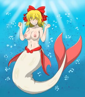 after_transformation arrashi breasts female large_breasts merfolk mermaid mermaid_tail midriff navel nipples post-transformation satsuki_rin toned toned_stomach touhou transformation wide_hips