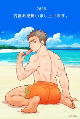 1boy 2015 ass back_view barefoot beach black_eyes brown_hair bulge dated gay ice_cream japanese_text light_skin looking_at_viewer looking_back male male_only melting_ice_cream muscular orange_shorts original shorts solo sweatdrop text translation_request yaoi yunisuke
