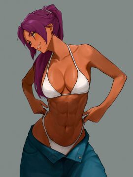 1girls abs absurd_res bikini bikini_pull bleach breasts color eyes_visible_through_hair grey_background hair_tie highres inner_sideboob jeans lighting long_hair looking_at_viewer pants_down ponytail purple-haired_female purple_hair shihouin_yoruichi si12o2 sideboob smile standing tied_hair toned toned_female undressing white_bikini yellow_eyes