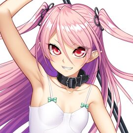 1girls armpits bare_shoulders breasts choker collar color demon demon_girl dress eyebrows_visible_through_hair felicia_(taimanin_kurenai) female female_focus female_only flat_chest game_cg hair_between_eyes hair_ornament leather_choker leather_collar long_hair looking_at_viewer pink_hair pointy_ears red_eyes short_eyebrows skinny skinny_female sleeveless sleeveless_dress small_breasts small_eyebrows smile smiling smiling_at_viewer taimanin_(series) taimanin_rpgx teeth teeth_showing twintails upper_body vampire vampire_girl vampire_teeth weapon white_background white_dress zol