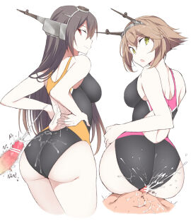 2boys 2d 2girls ass bar_censor breasts bukkake buttjob buttjob_over_clothes censored closed_mouth competition_swimsuit cum cum_on_ass cum_on_body cum_on_clothes ejaculation erection female green_eyes group_sex headgear kantai_collection large_breasts looking_back male male_masturbation masturbation mosaic_censoring multiple_boys multiple_females multiple_girls multiple_males mutsu_(kantai_collection) nagato_(kantai_collection) off_shoulder one-piece_swimsuit open_mouth penis pointless_censoring racerback red_eyes shigino_sohuzi short_hair simple_background swimsuit