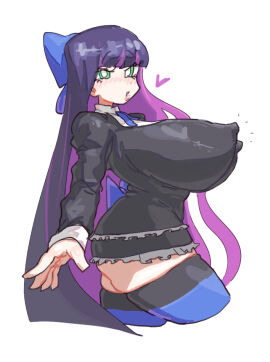 1girls bangs black_dress blue_bow blush blush_lines bow bow_in_hair breasts erect_nipples female green_eyes hair_bow hairbow heart huge_breasts large_breasts leebongchun lolita_fashion long_hair long_sleeves minidress miniskirt nipple_bulge nipples nipples_visible_through_clothing panty_&_stocking_with_garterbelt purple_hair ribbon side_view solo stocking_anarchy straight_hair striped_thighhighs thighhighs two-tone_hair very_long_hair white_background