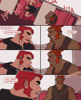 bara blush can_i_crush_your_balls? clothing facial_hair fully_clothed gay laughing male male_only muscles muscular sitting speech_bubble ulf_vasquez vvulfbara yaoi