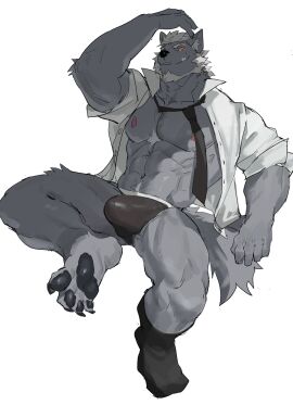 2024 abs absurd_res anthro areola arun_six bara beard biceps big_muscles biped bulge canid canine canis detailed_bulge facial_hair facial_scar fur grey_body grey_fur hair hi_res looking_at_viewer male mammal muscles muscular necktie nipples pecs pink_nipples scar solo white_beard white_dress_shirt white_facial_hair white_hair wolf yaoi yellow_eyes