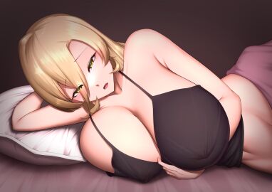 1girls big_breasts blanket blonde_female blush breasts camisole female female_focus female_only hi_res highres huge_breasts large_breasts lying lying_on_bed mikage_77777 navel nijisanji nipples nui_sociere on_bed on_side open_mouth sweat virtual_youtuber