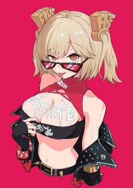 absurdres bandeau black_gloves black_jacket black_tube_top blonde_hair breasts burnice_white cleavage cropped_torso cum cum_on_body cum_on_breasts english_commentary female fingerless_gloves gloves hair_ornament highres jacket large_breasts looking_over_eyewear looking_over_sunglasses navel red_background red_eyes short_hair solo stomach strapless sunglasses tinkie tinted_eyewear tongue tongue_out tube_top twintails zenless_zone_zero