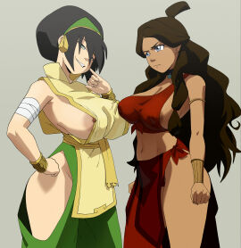2girls alternate_breast_size alternate_costume annoyed areola_slip avatar_legends avatar_the_last_airbender big_breasts blind breast_envy breasts busty drpizzaboi1 earth_kingdom female female_only fire_nation_clothing grin huge_breasts human inker_comics inkershike katara large_breasts multiple_females multiple_girls nipple_slip no_bra official_alternate_costume smug smug_face smug_grin thick_thighs thighs toph_bei_fong water_tribe