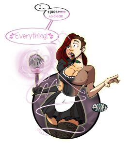 a_witty_name breasts erect_nipples feather_duster female femsub fishnets gender_transformation gradient_text green_eyes hair_growth kaa_eyes large_breasts long_hair magic maid mtf_transformation nipples original red_hair text thighhighs transformation western