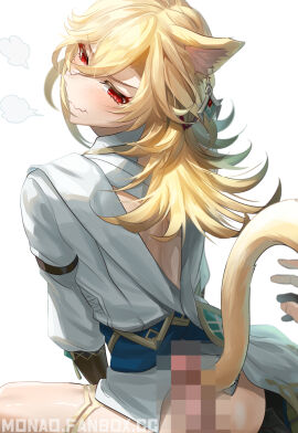 blonde-haired_male blonde_hair blush bottomless cat_boy cat_ears cat_tail catboy censored censored_penis eyelashes femboy gay genshin_impact kaveh_(genshin_impact) male male/male male_focus male_only monaop5 mosaic_censoring penis red_eyes reverse_cowgirl_position sitting tease teasing teasing_penis thigh_strap twink yaoi
