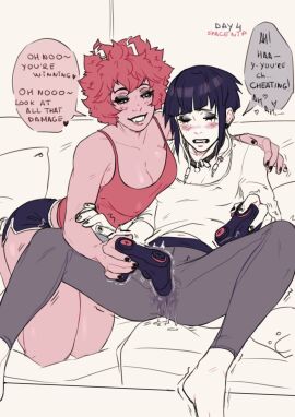 2girls ashido_mina audio_jack black_shorts blush boku_no_hero_academia breasts colored_skin controller covered_nipples dolphin_shorts english_text female game_controller highres holding holding_controller holding_game_controller jiro_kyoka lesbian_domination long_earlobes looking_at_another masturbating_other masturbation_through_clothing multiple_females multiple_girls no_bra pink_skin pussy pussy_juice pussy_juice_drip_through_clothes shorts spacenipnops speech_bubble unconventional_vibrator wireless_game_controller yuri