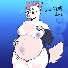 absurd_res anthro areola ass big_ass big_breasts big_butt blush blush_lines bodily_fluids breasts canid canine canis claws digital_media_(artwork) domestic_dog female fur genitals hair hi_res lactating mammal nipples nude open_mouth overweight overweight_female pained_expression pregnant pregnant_anthro pregnant_female purple_hair pussy short_hair simple_background smittenpuppy solo tail teeth text thick_thighs tongue tongue_out vanilla_(smittenpuppy) wide_hips