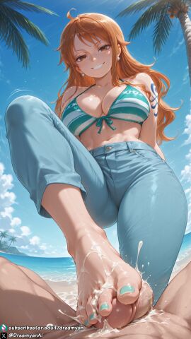1girls ai_generated auburn_hair barefoot big_breasts breasts cum cum_on_feet curvy curvy_body curvy_female dreamyan_ai feet foot_fetish footjob hair hi_res high_quality high_resolution highres huge_breasts long_hair looking_at_viewer male_pov nami_(one_piece) one_piece orange_eyes orange_hair pov red_hair smile smiling thick_ass thick_thighs thighs toes uncensored white_skin