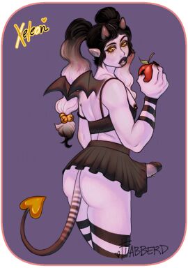 apple arm_warmers armwear bell black_bottomwear black_clothing black_hair black_skirt bottomwear bralette claws clothing demon demon_humanoid ear_piercing erection erection_under_skirt eyelashes femboy flabberd food fruit genital_piercing genitals hair heart_tail horn horned_humanoid humanoid imp_tail legwear lips long_hair looking_at_viewer male miniskirt nipple_piercing nipples pattern_clothing pattern_legwear pattern_stockings penis penis_piercing piercing plant shirt skirt small_wings solo stockings striped_clothing striped_legwear striped_stockings stripes tail tank_top thick_lips topwear twintails vestigial_wings white_hair wings xeleon_(flabberd) yellow_eyes