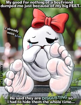 1girls 4_toes big_feet chatgpt crying datsfunny feet feet_focus female female_ghost_(rippled_realm) foot_fetish ghost ghost_girl park ribbon sitting soles steam sweaty sweaty_feet sweaty_soles