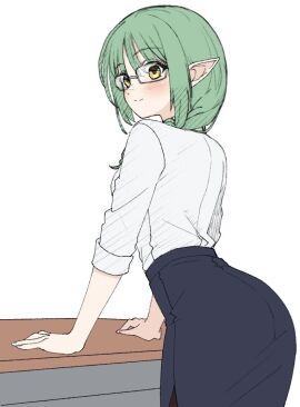 1girls amairo_islenauts black_skirt blush braid braided_ponytail closed_mouth commentary cowboy_shot elf eyes_visible_through_hair female from_behind glasses green_hair hair_between_eyes hands_on_table happy high-waist_skirt long_hair long_sleeves looking_ahead pencil_skirt pointy_ears shirt simple_background skirt smile solo solo_female teacher teacher_outfit tft_(tft7822) tia_hohenwerfen white_background white_shirt yellow_eyes