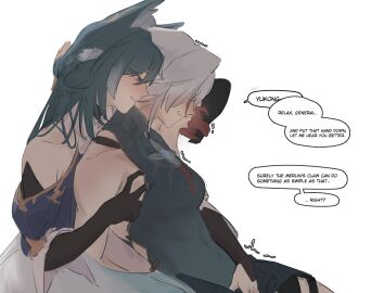 2024 2girls arm_warmers biting_lip blush clothed dialogue english english_text feixiao_(honkai:_star_rail) female female_focus female_only foreplay fox_ears groping hand_under_clothes honkai:_star_rail honkai_(series) hoyoverse idwytl lesbian lesbian_sex moan moaning sitting_on_lap smile smiling speech_bubble teal_hair teasing text trembling white_background white_hair yukong_(honkai:_star_rail) yuri