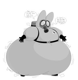 air_inflation beeblimp cosplay dialogue gas_mask greyscale hazmat_suit inflation monochrome rabbids_go_home raving_rabbids rubber_gloves suit_inflation tagme verminator