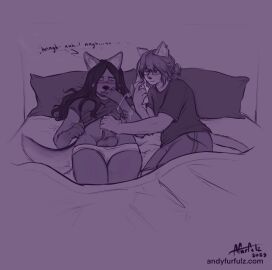ambiguous_gender andy_(andyfurfulz) andyfurfulz anthro balls bangs bed bedding black_hair blanket blush blush_lines bodily_fluids bottomwear breasts canid canine canis cass_(andyfurfulz) closed_eyes clothed clothing covered_mouth cum cumshot domestic_cat domestic_dog ear_piercing ear_ring ejaculation electronics embarrassed english_text eyewear felid feline felis foreskin furniture futanari genital_fluids genitals glasses hair handjob hi_res humanoid_genitalia humanoid_penis intersex long_hair lying lying_on_bed mammal moan monochrome motion_lines nonbinary_(lore) on_back on_bed onomatopoeia orgasm partially_clothed penile penis phone piercing pillow purple_theme raised_clothing raised_shirt raised_topwear ring_piercing sex shaking shirt shorts signature simple_background small_breasts smile sound_effects speech_bubble spitz sweat t-shirt tail text topwear trans_(lore) trans_woman_(lore) uncircumcised underwear underwear_down url whiskers