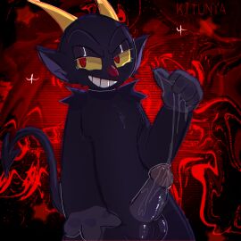 1boy 1male balls big_penis black_fur boner cum cuphead_(game) demon devil jacking_off male penis semen smirk solo_male spiky_ears the_devil_(cuphead) yellow_horns