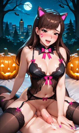 1boy 1boy1futa 1futa ai_generated beautiful brown_hair brunette_female brunette_hair city city_background city_lights cityscape cowgirl_position d.va erection forest forest_background futa_focus futa_only futanari halloween halloween_costume halloween_decoration halloween_theme long_hair looking_at_viewer night night_sky night_time overwatch pretty pretty_face self_upload solo solo_focus wavy_hair woods