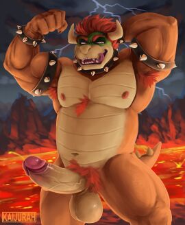 1boy 2025 anthro armband armpit_hair balls bara biceps big_balls body_hair bowser bracelet chest_hair chest_tuft collar detailed_background electricity erection evil_grin flexing flexing_bicep forearm_muscles genitals hair hand_behind_head hi_res horn humanoid_genitalia humanoid_penis jewelry kaijurah koopa lava licking licking_lips lightning looking_aside male male_nipples male_only mario_(series) masculine_male mature_male mountain muscles muscular muscular_arms muscular_legs muscular_thighs navel nintendo nipples nude open_mouth pecs penis pubes red_hair reptile scalie slightly_chubby smile solo spiked_armband spiked_bracelet spiked_collar spikes standing tongue tongue_out triceps tuft vein veiny_penis yaoi