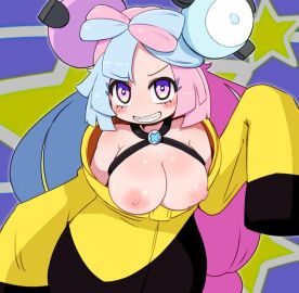 1girls alternate_breast_size bare_shoulders big_breasts black_jacket blue_and_pink_hair blue_hair blush bow-shaped_hair breastless_clothes breastless_shirt breasts breasts_out character_hair_ornament chibi chibi_style cleavage clenched_teeth collarbone creatures_(company) erect_nipples exposed_breasts exposed_chest exposed_nipples exposing_self eye_contact fancy_shmancy_hair_clips female female_focus female_only flashing game_freak gym_leader hair_ornament hanging_breasts huge_breasts iono_(pokemon) jacket jitoryomaster large_breasts light_blue_hair long_hair long_sleeves looking_at_viewer makino_nono miyazero multicolored_clothes multicolored_hair multicolored_jacket nintendo nipples no_bra no_shirt nude_filter oversized_clothes oversized_hoodie pink_hair pokemon pokemon_(game) pokemon_sv presenting puffy_areolae puffy_nipples purple_eyes revision screw sharp_teeth shooting_star showing_off showing_off_breasts simple_background sleeves_past_fingers sleeves_past_wrists smile solo split-color_hair star_(symbol) starry_background straps_across_chest sweat symbol_in_eye teeth third-party_edit toothy_grin toothy_smile twintails two-tone_hair two-tone_jacket v-shaped_eyebrows yellow_jacket