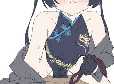 1boy absurdres bare_shoulders black_dress black_gloves black_hair blue_archive breasts clothed_sex cowgirl_position dark-skinned_male dark_skin dragon_print dress female flat_chest flat_chested gloves grey_jacket grin head_out_of_frame highres jacket kisaki_(blue_archive) long_hair long_sleeves male pelvic_curtain pov q_haoyu see-through_clothes see-through_dress sex simple_background sleeveless sleeveless_dress small_breasts smile solo_focus straddling straight striped_clothes striped_jacket teenager twintails vertical-striped_clothes vertical-striped_jacket white_background young young_female younger_female