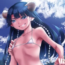 bangs bare_shoulders bikini bikini_top blue_eyes blue_hair breasts color female female_focus female_only horn kekkon_yubiwa_monogatari long_hair looking_at_viewer maybe micro_bikini official_art ring saphir_maasa skinny skinny_female sky_background small_breasts smile smiling smiling_at_viewer swimsuit teeth_showing upper_body white_bikini white_swimsuit